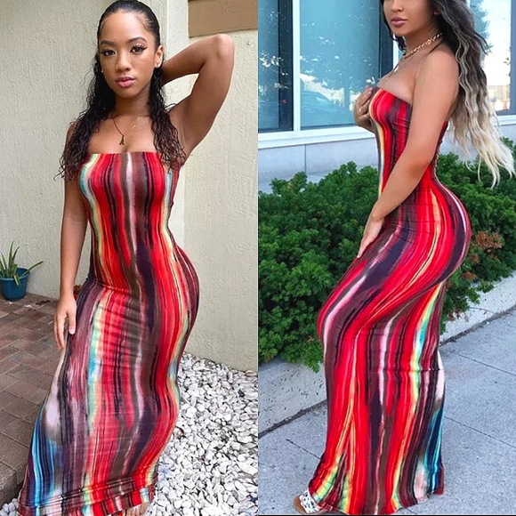 💎SOLD: Red Work Of Art Marble Multi Colorful Sleveless Midi Tube Dress💎 - Picture 3 of 5